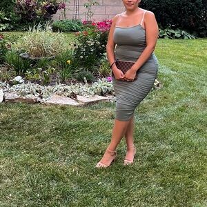 Windsor Olive Green Ruched Midi Slip Dress